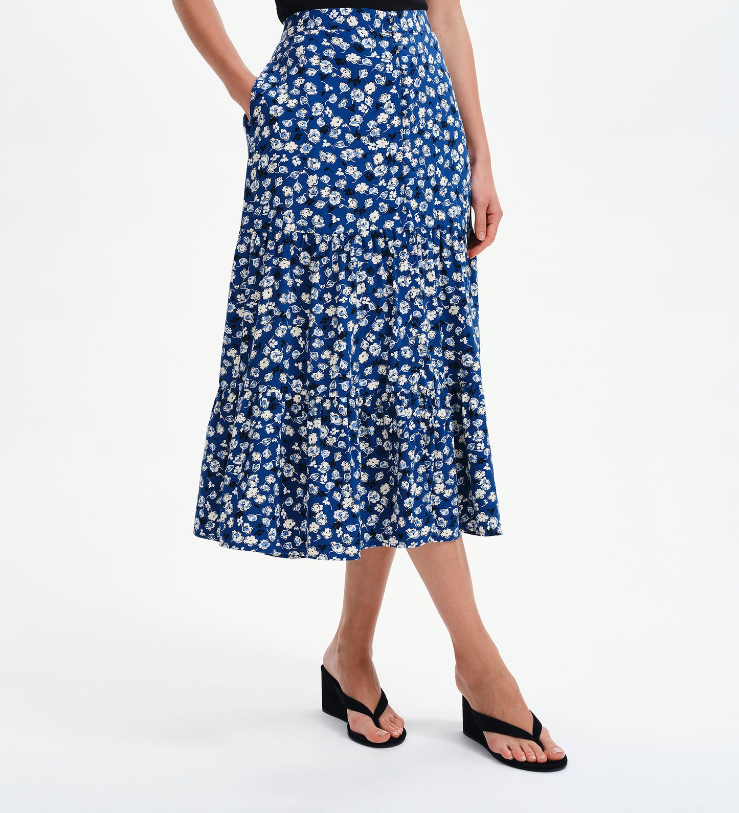 Isla Navy Ditsy Tiered Button-Through Midi Skirt