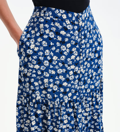 Isla Navy Ditsy Tiered Button-Through Midi Skirt