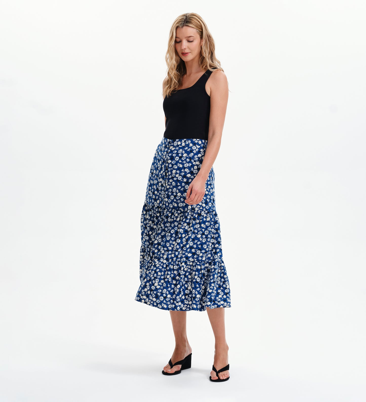 Isla Navy Ditsy Tiered Button-Through Midi Skirt