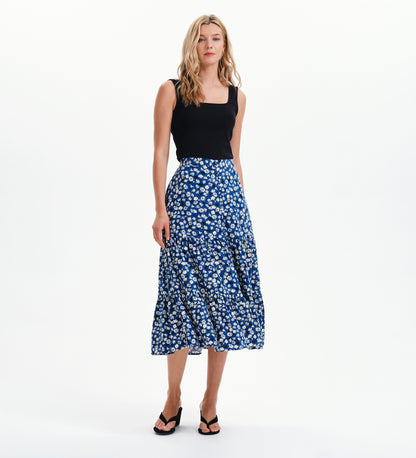Isla Navy Ditsy Tiered Button-Through Midi Skirt