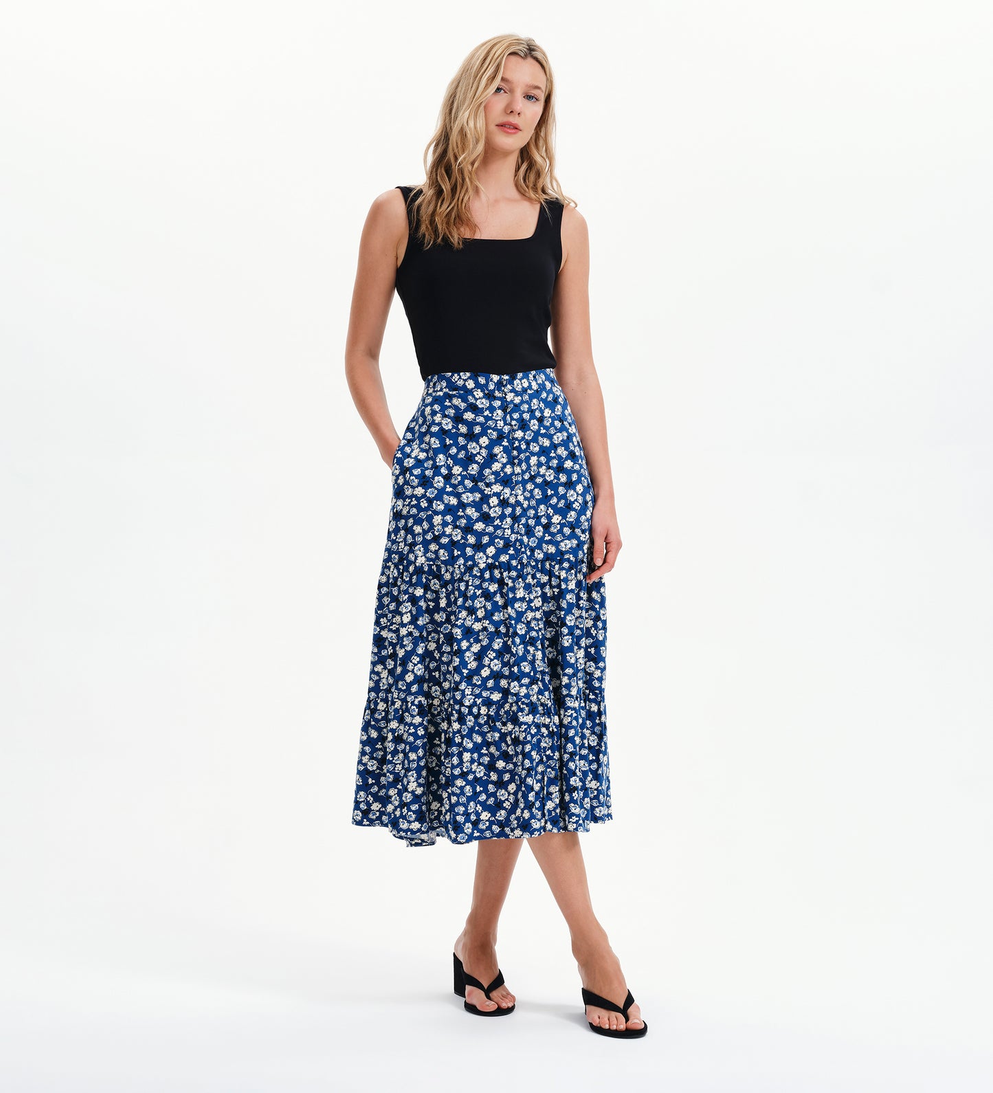 Isla Navy Ditsy Tiered Button-Through Midi Skirt