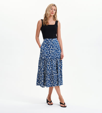 Isla Navy Ditsy Tiered Button-Through Midi Skirt