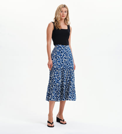 Isla Navy Ditsy Tiered Button-Through Midi Skirt
