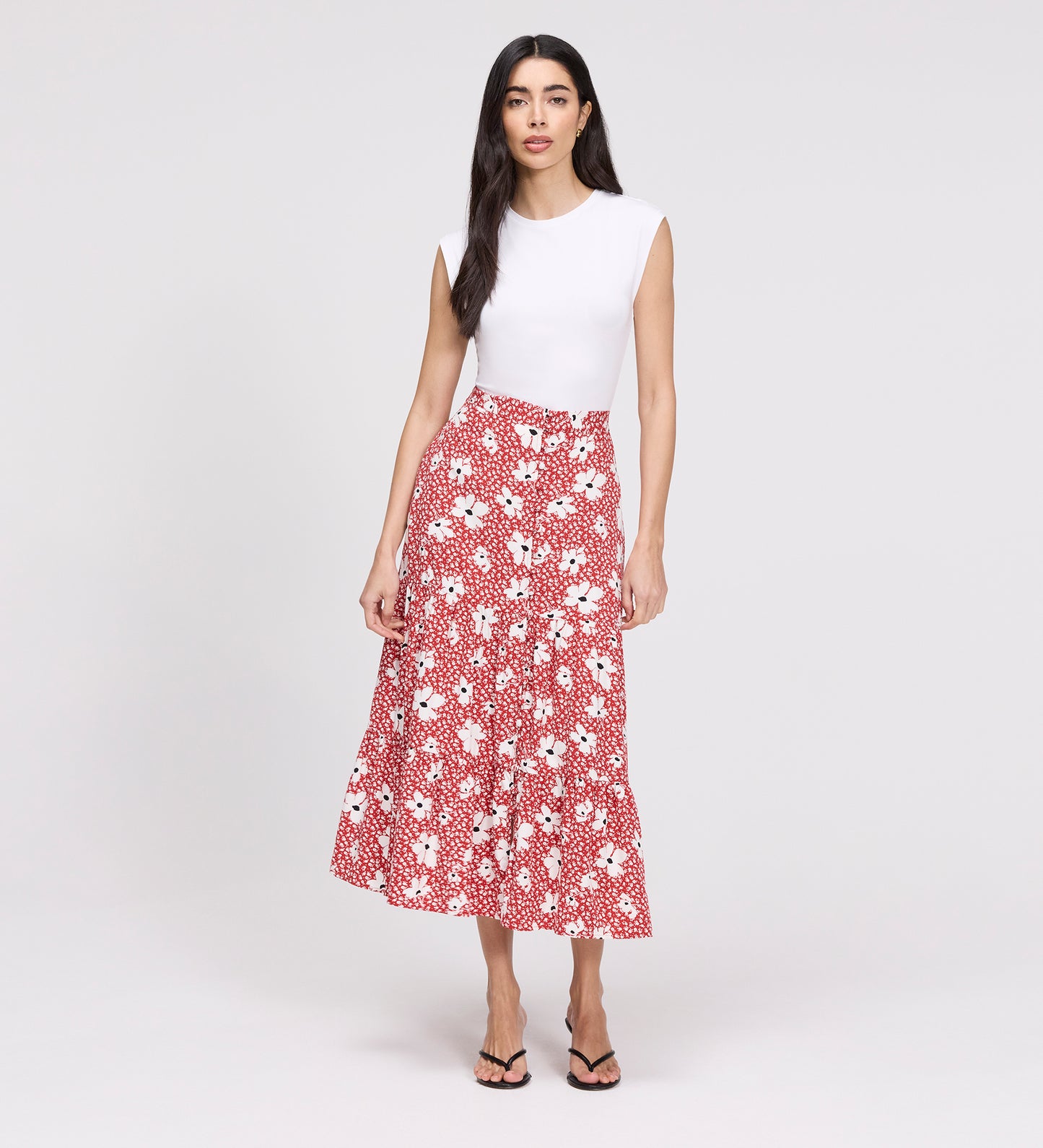 Isla Red Ditsy Tiered Button-Through Midi Skirt
