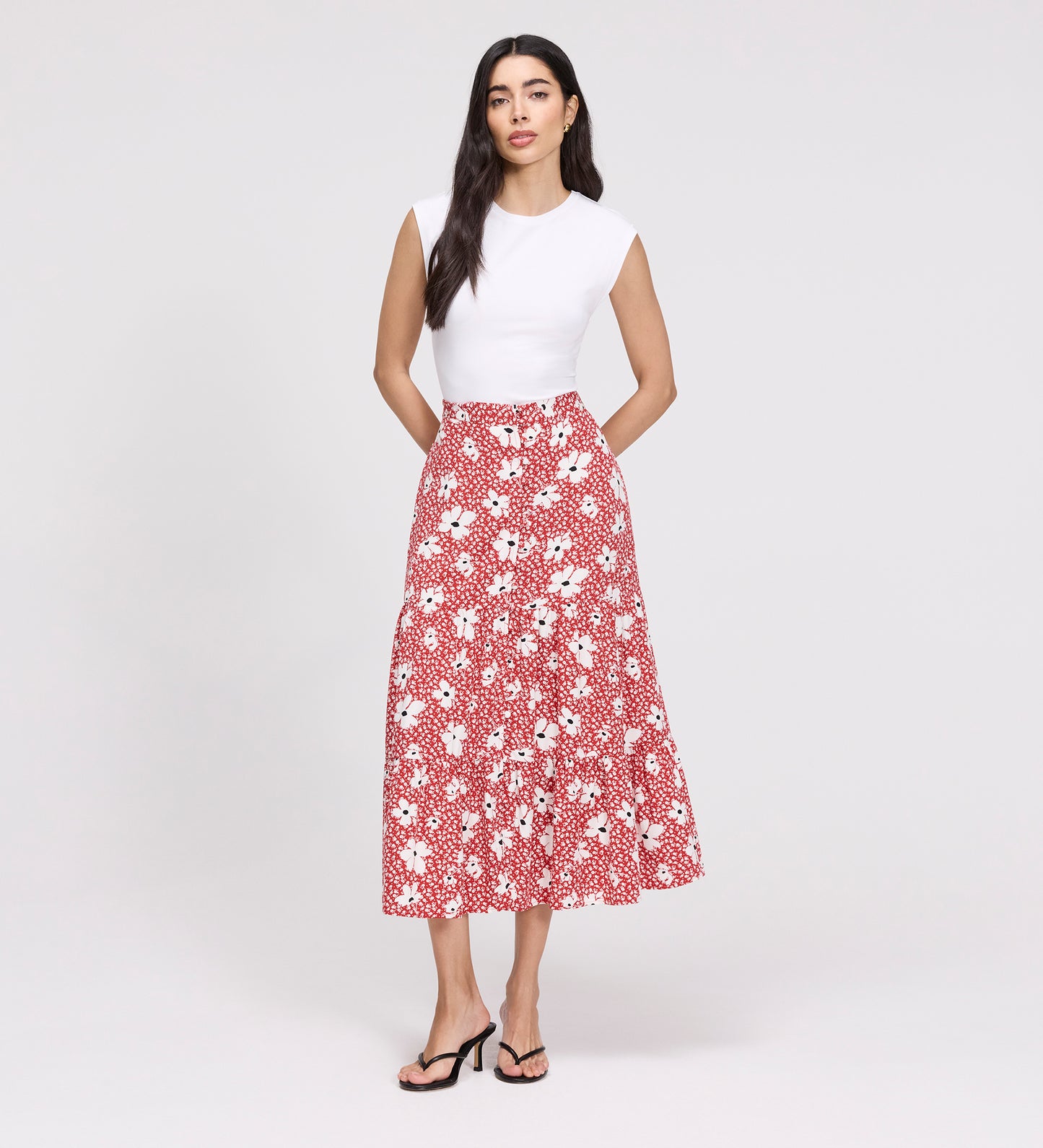 Isla Red Ditsy Tiered Button-Through Midi Skirt