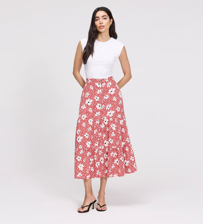 Isla Red Ditsy Tiered Button-Through Midi Skirt