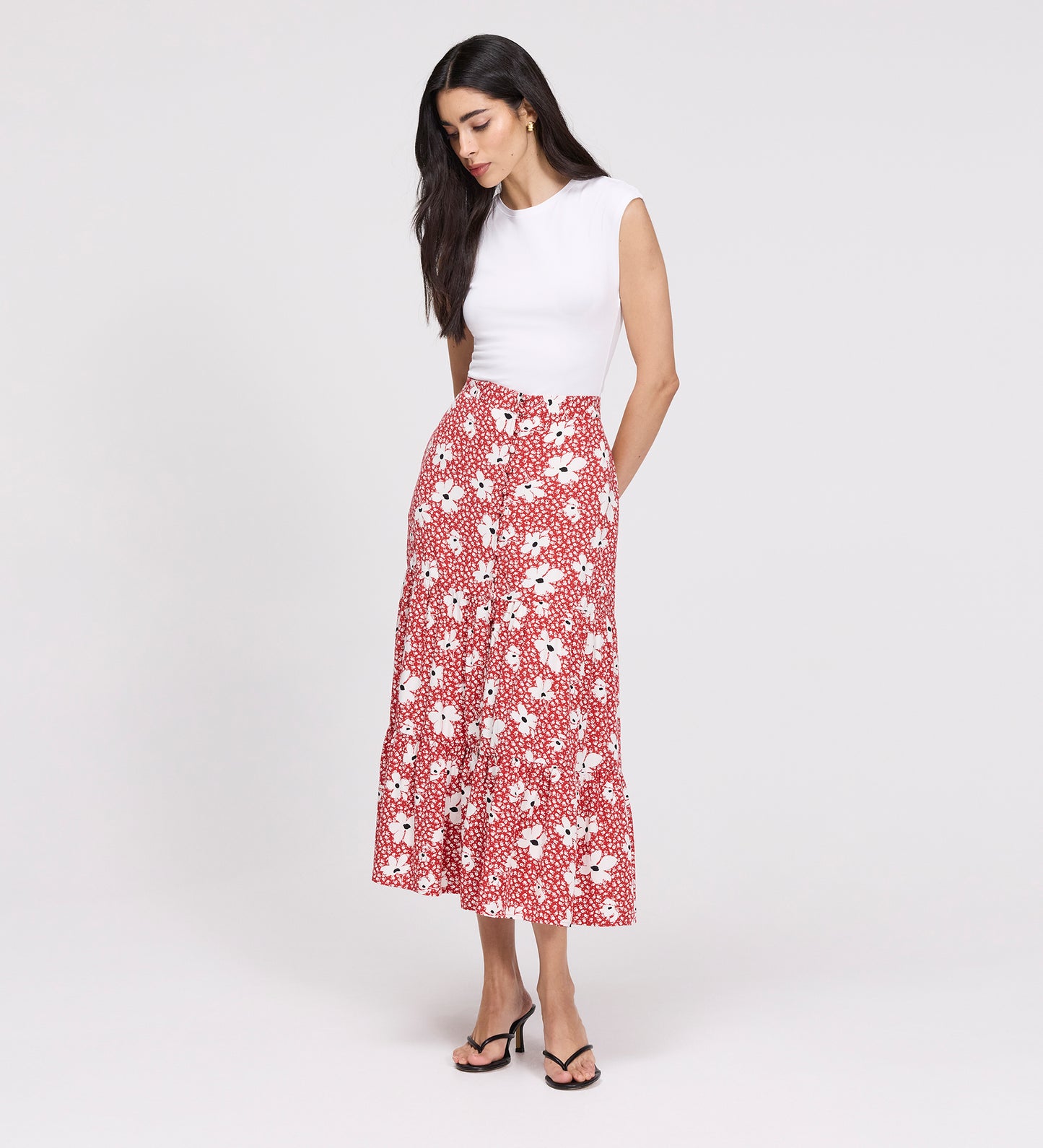Isla Red Ditsy Tiered Button-Through Midi Skirt