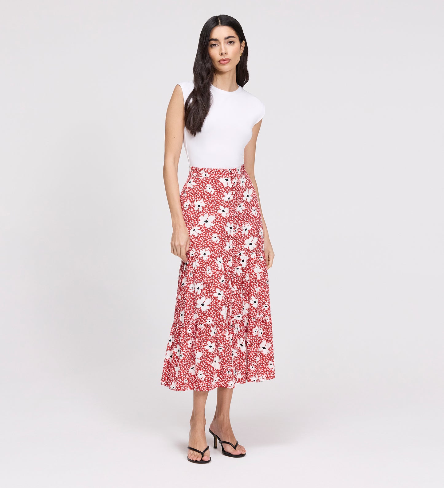Isla Red Ditsy Tiered Button-Through Midi Skirt