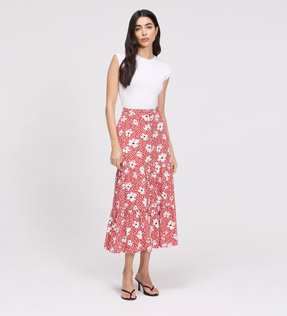 Isla Red Ditsy Tiered Button-Through Midi Skirt