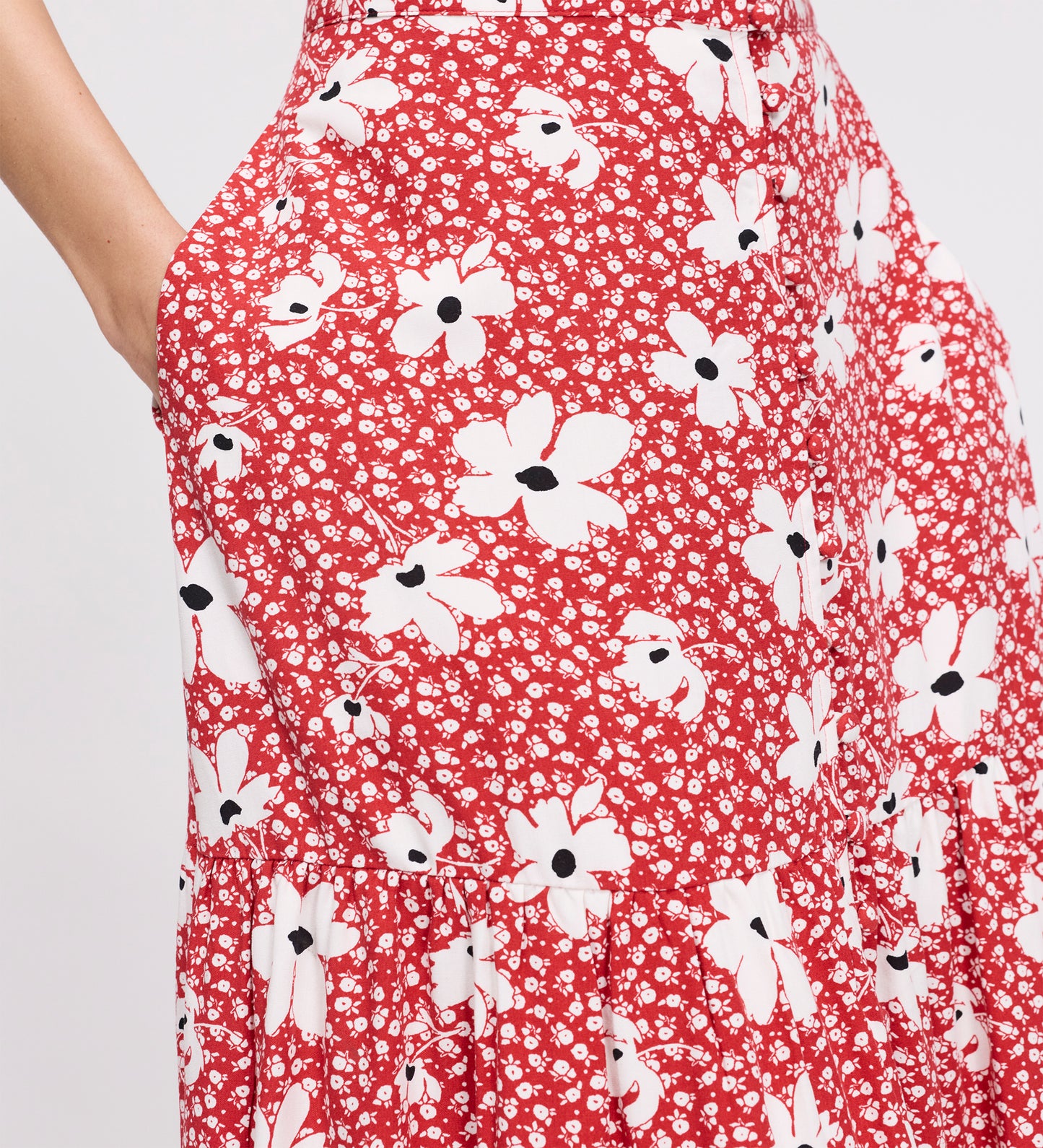 Isla Red Ditsy Tiered Button-Through Midi Skirt