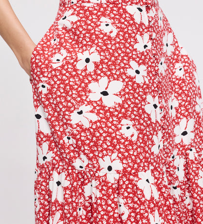 Isla Red Ditsy Tiered Button-Through Midi Skirt