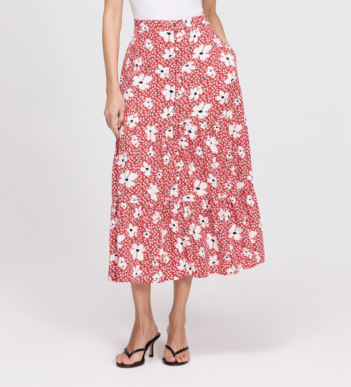 Isla Red Ditsy Tiered Button-Through Midi Skirt