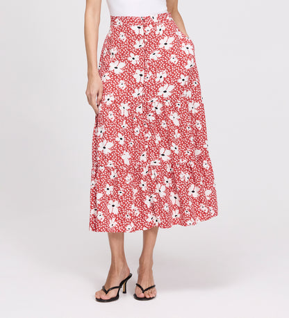 Isla Red Ditsy Tiered Button-Through Midi Skirt