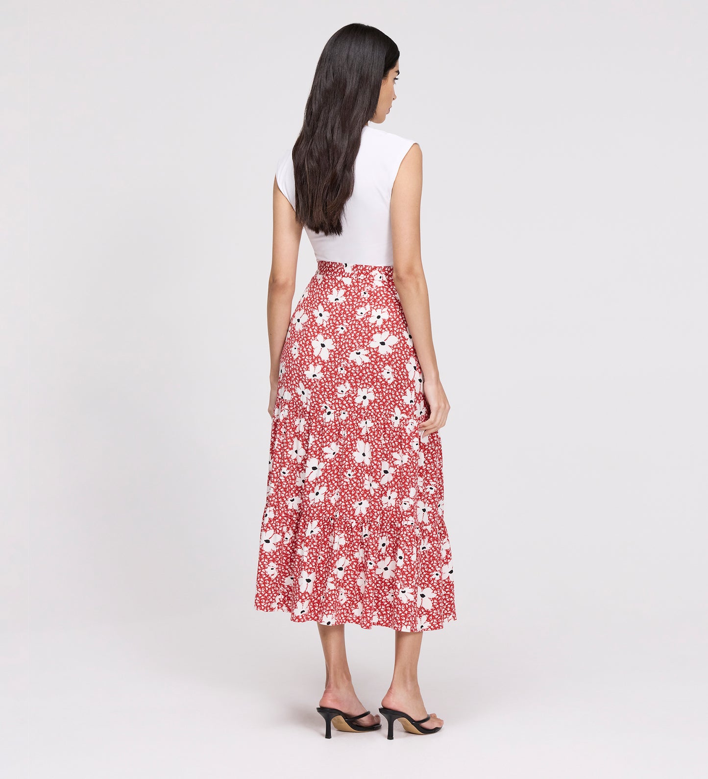 Isla Red Ditsy Tiered Button-Through Midi Skirt