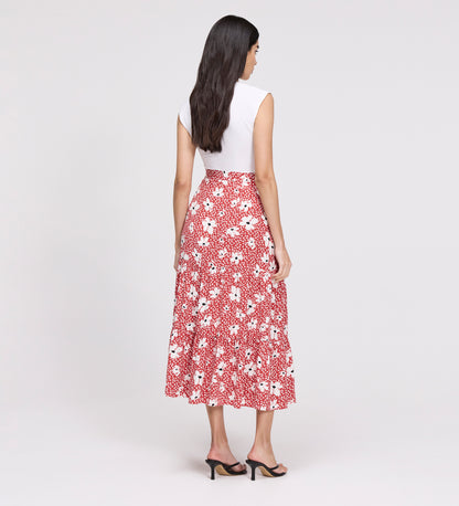 Isla Red Ditsy Tiered Button-Through Midi Skirt