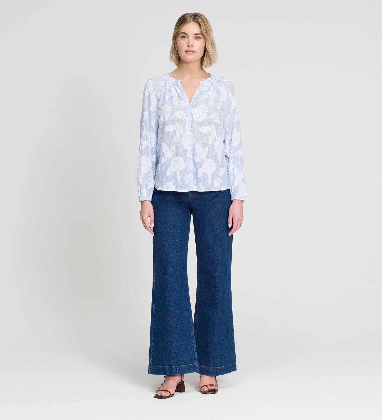 Ivie Blue Floral Jacquard Stripe Button-Through Blouse