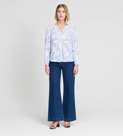 Ivie Blue Floral Jacquard Stripe Button-Through Blouse
