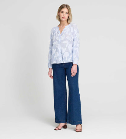 Ivie Blue Floral Jacquard Stripe Button-Through Blouse