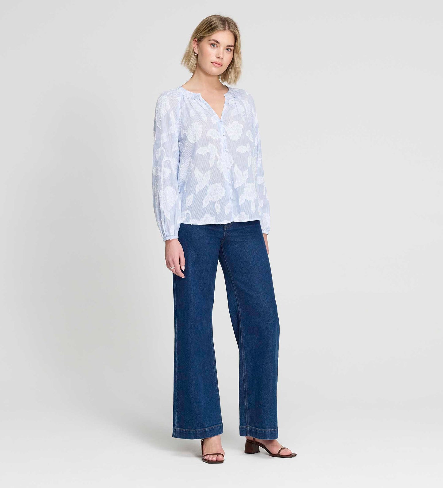 Ivie Blue Floral Jacquard Stripe Button-Through Blouse