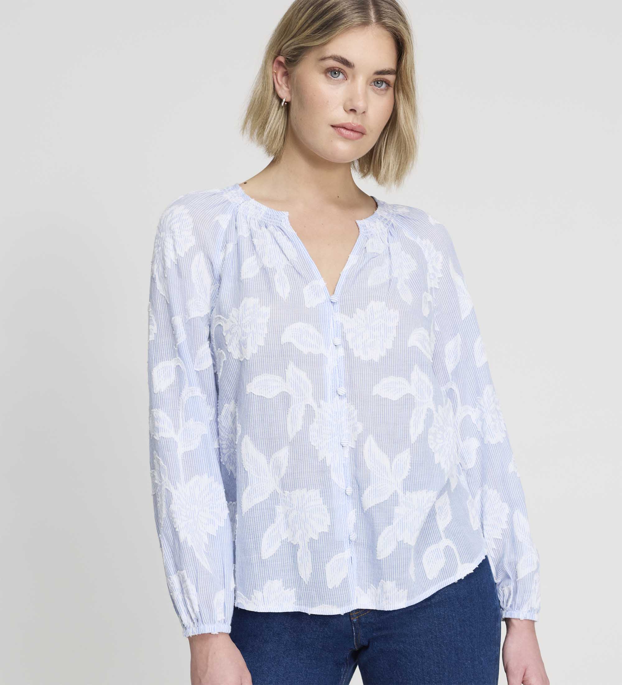 Ivie Blue Floral Jacquard Stripe Women's Blouse | Finery London