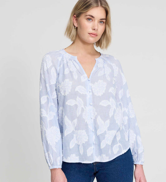 Ivie Blue Floral Jacquard Stripe Button-Through Blouse