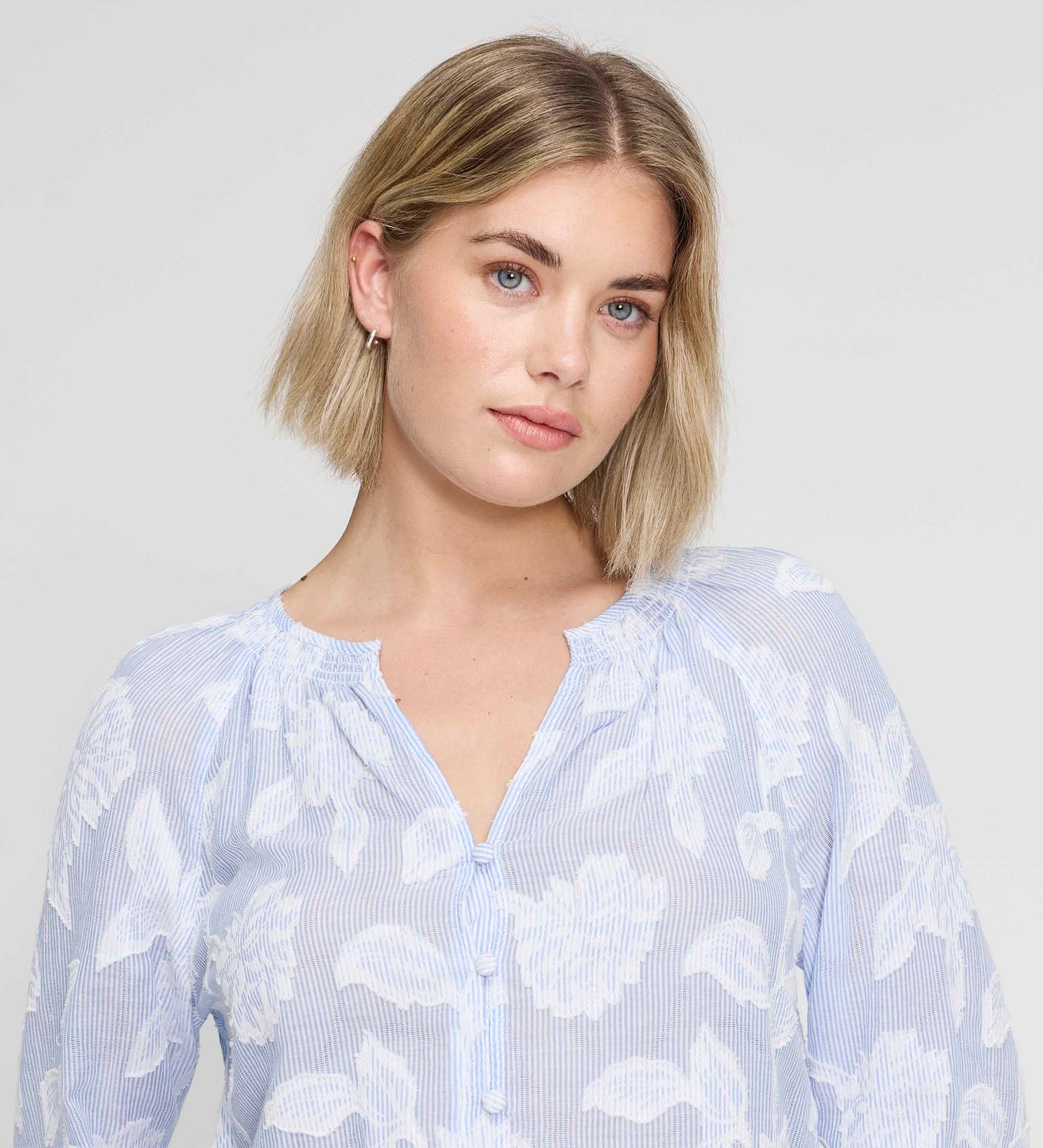 Ivie Blue Floral Jacquard Stripe Button-Through Blouse