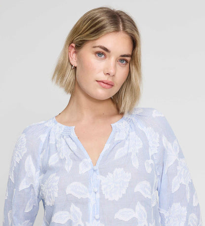Ivie Blue Floral Jacquard Stripe Button-Through Blouse
