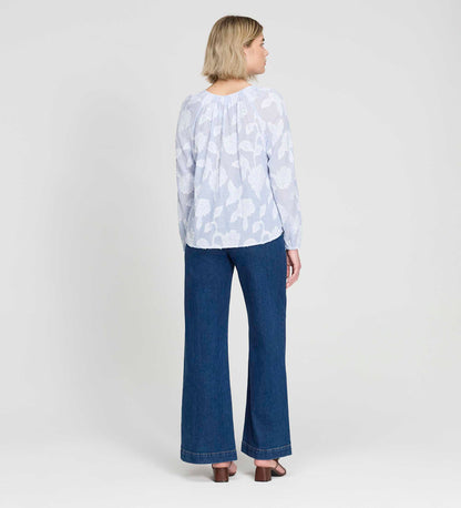 Ivie Blue Floral Jacquard Stripe Button-Through Blouse