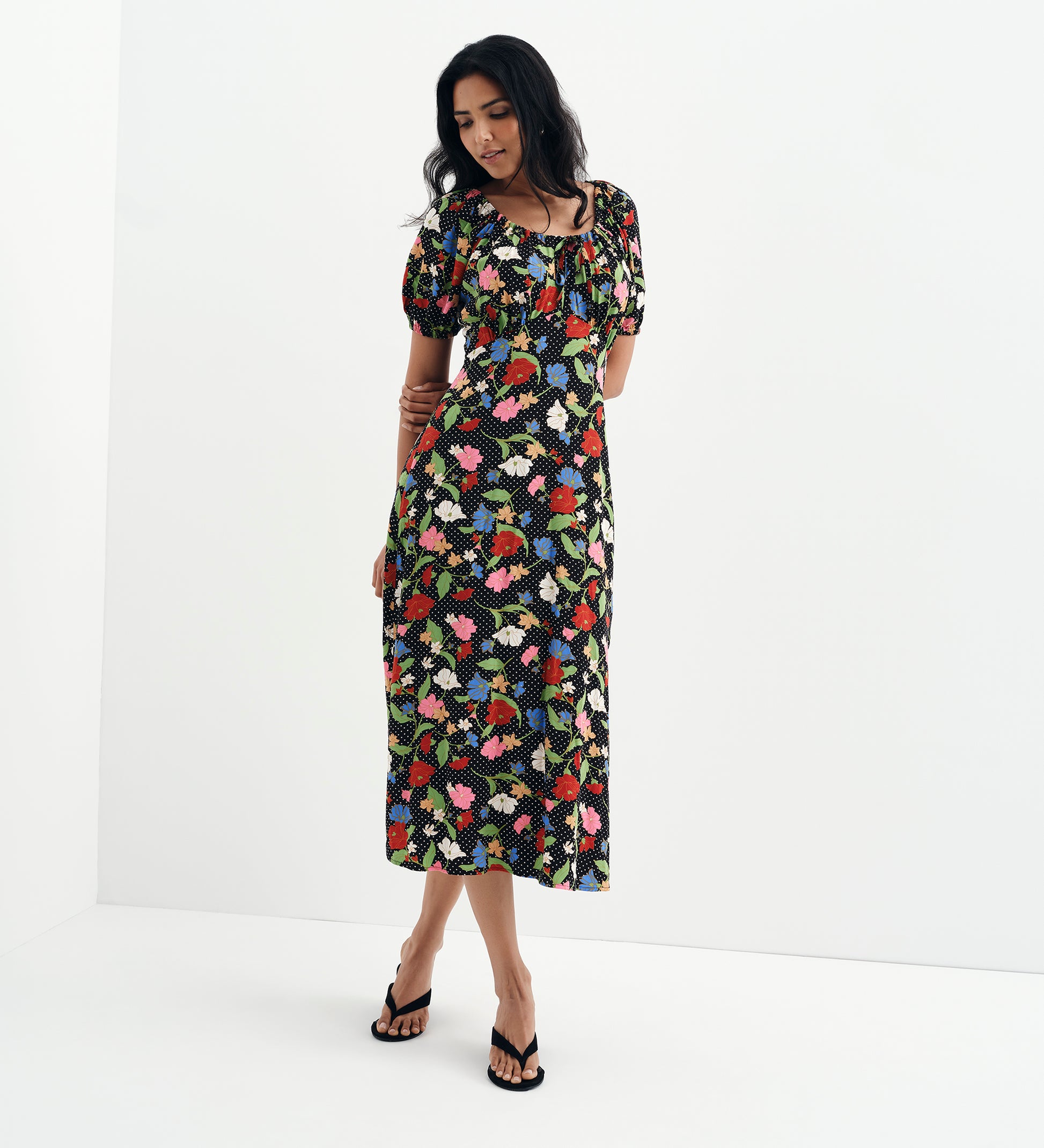 Jada Black Floral Puff Sleeve Empire Waist Midi Dress