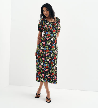 Jada Black Floral Puff Sleeve Empire Waist Midi Dress