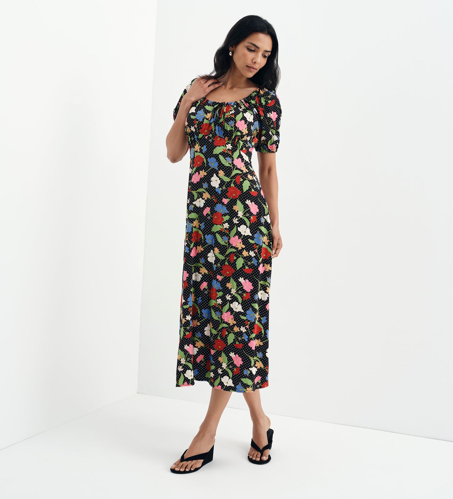 Jada Black Floral Puff Sleeve Empire Waist Midi Dress