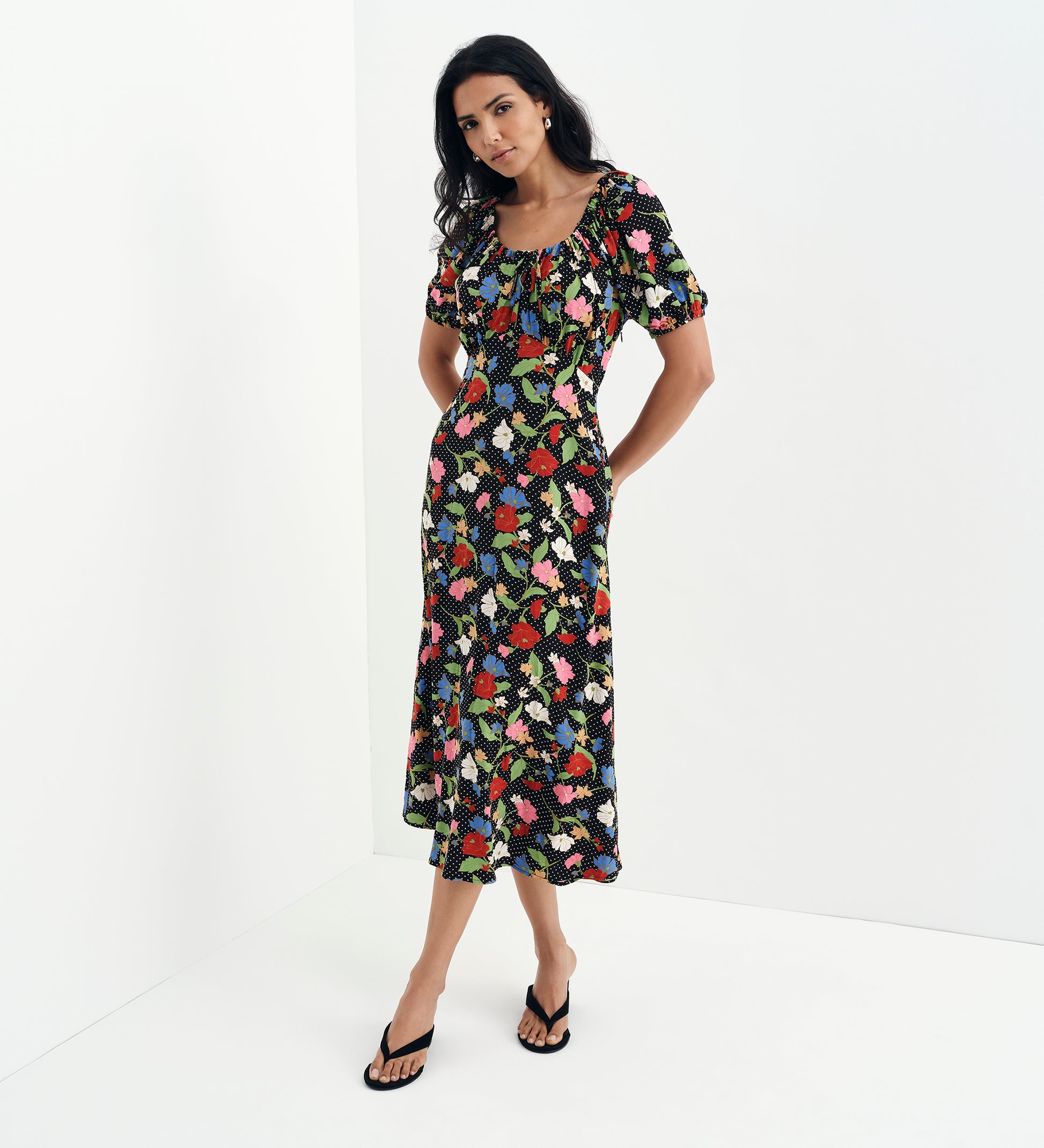Jada Black Floral Puff Sleeve Empire Waist Midi Dress