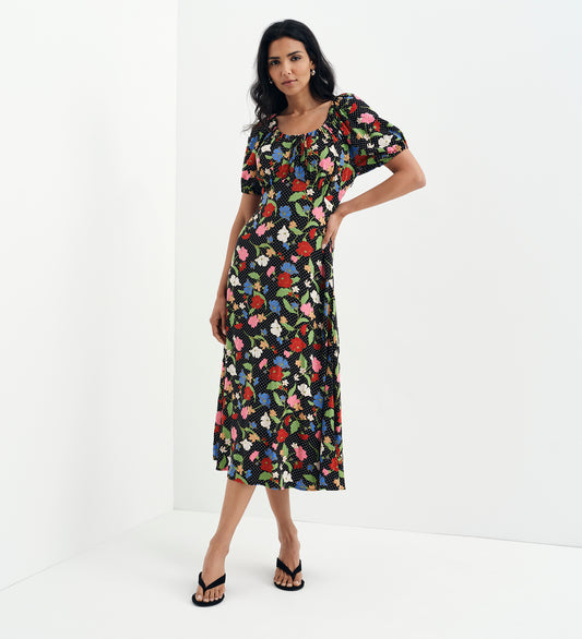 Jada Black Floral Puff Sleeve Empire Waist Midi Dress