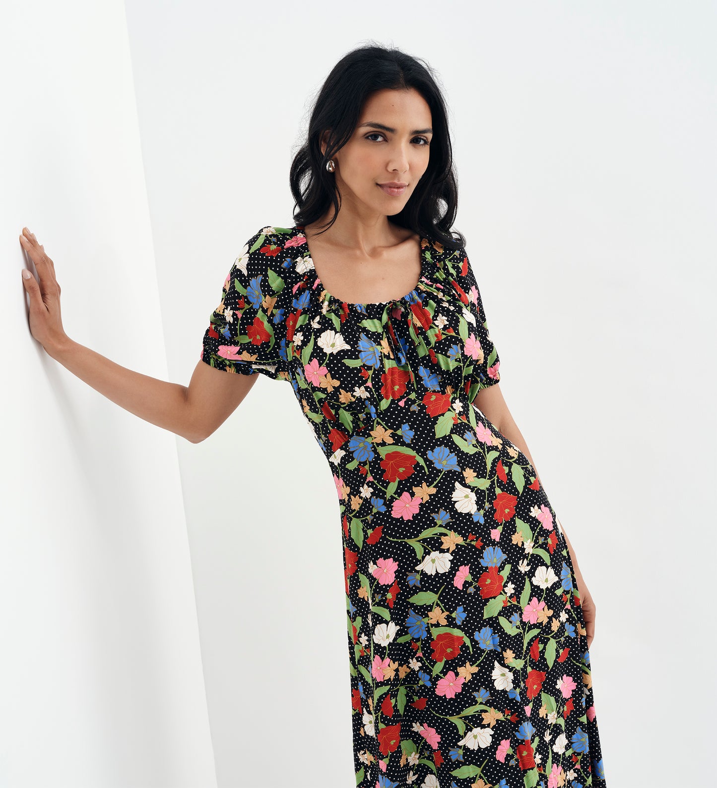 Jada Black Floral Puff Sleeve Empire Waist Midi Dress