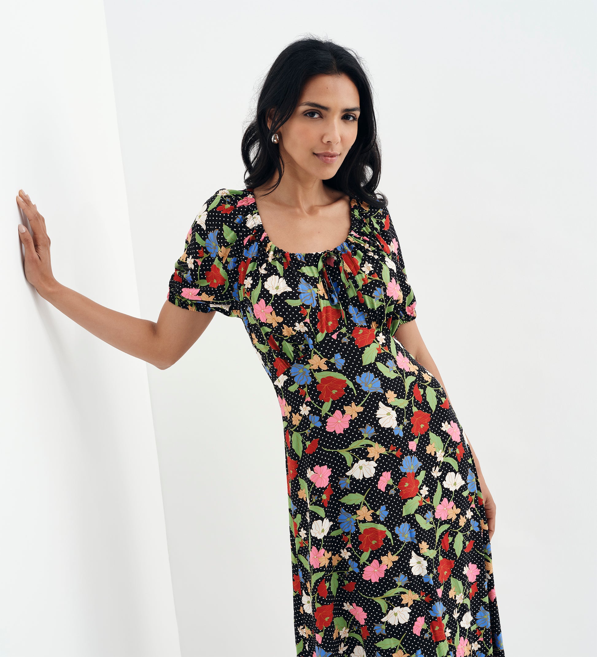 Jada Black Floral Puff Sleeve Empire Waist Midi Dress