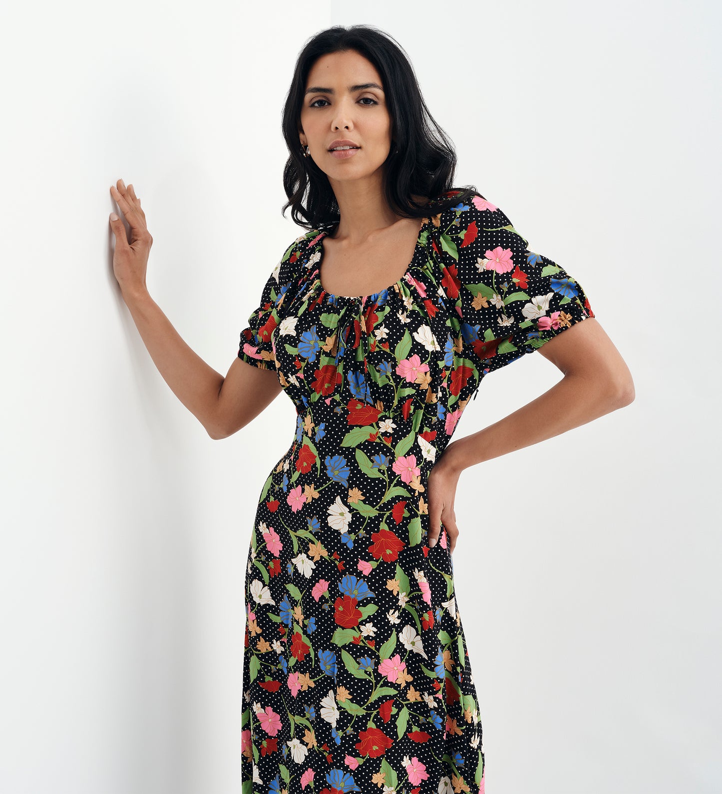 Jada Black Floral Puff Sleeve Empire Waist Midi Dress