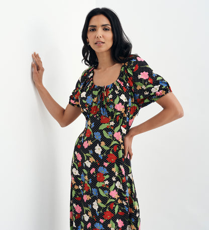 Jada Black Floral Puff Sleeve Empire Waist Midi Dress