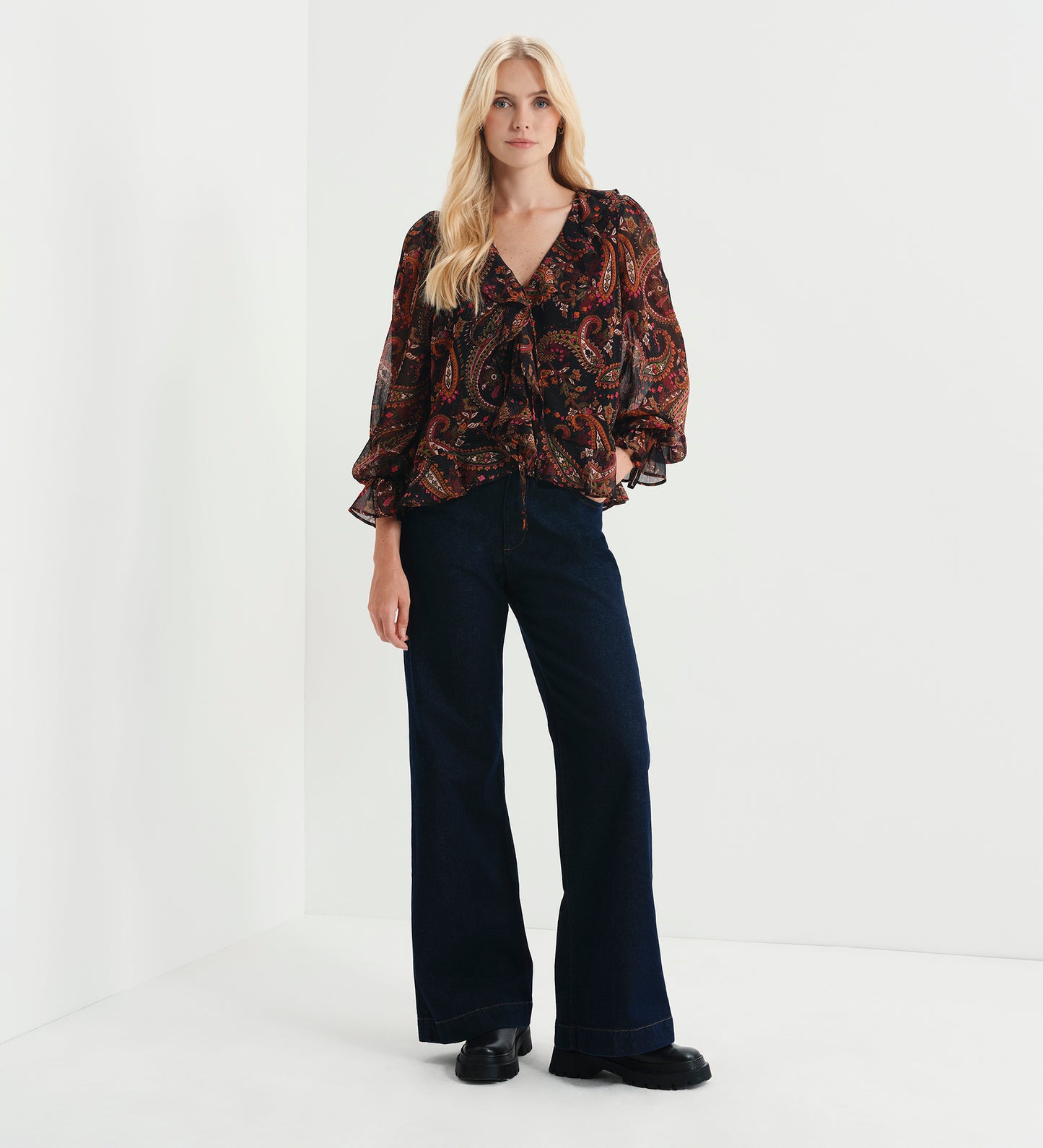 Janelle Black Paisley Chiffon Ruffle Tie-Front Blouse