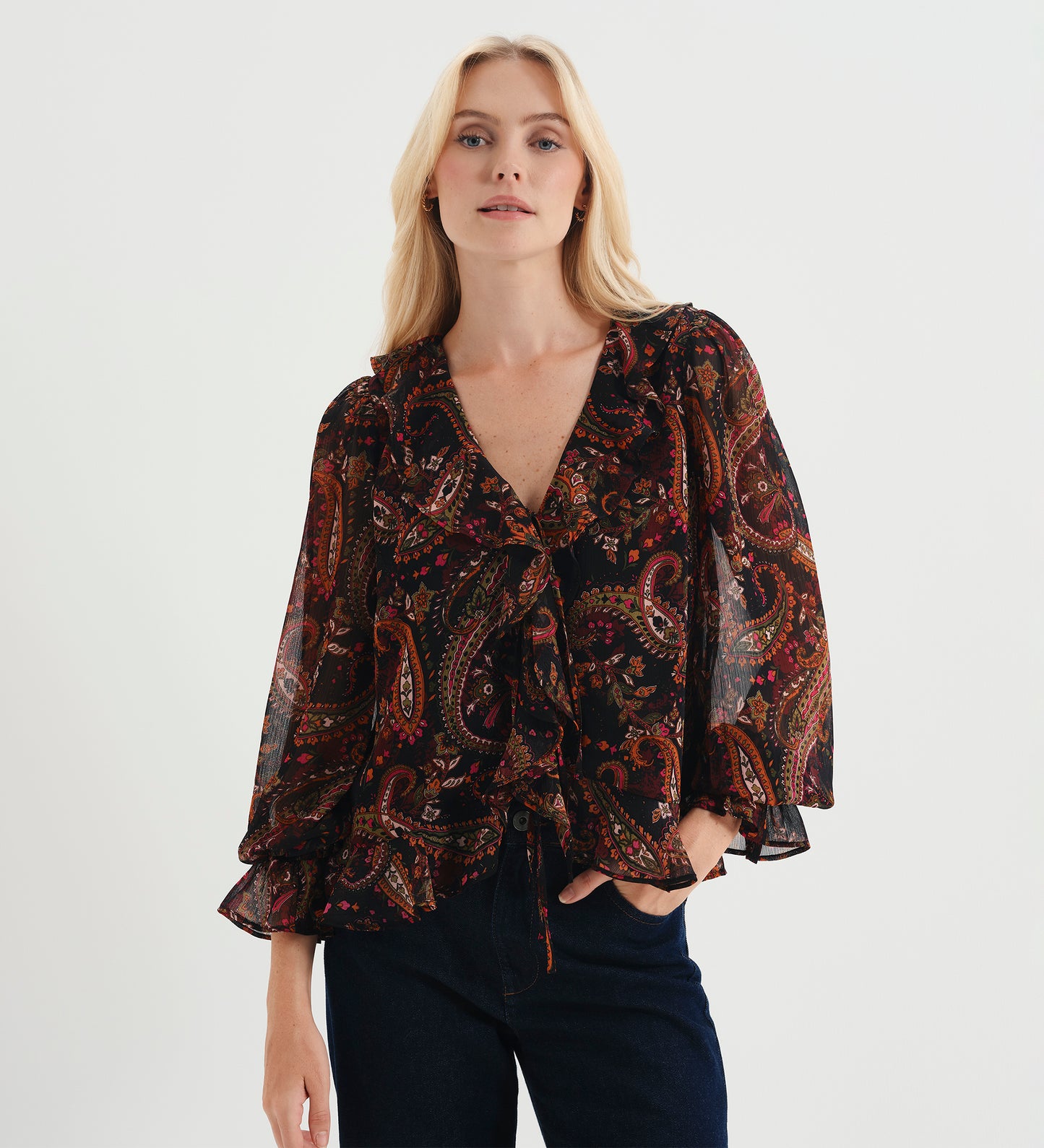 Janelle Black Paisley Chiffon Ruffle Tie-Front Blouse