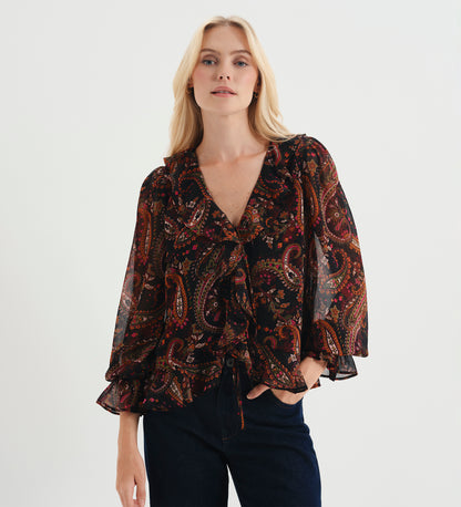 Janelle Black Paisley Chiffon Ruffle Tie-Front Blouse