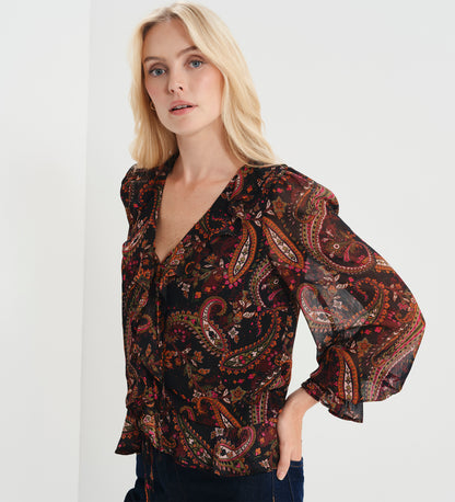 Janelle Black Paisley Chiffon Ruffle Tie-Front Blouse