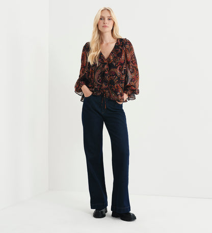 Janelle Black Paisley Chiffon Ruffle Tie-Front Blouse