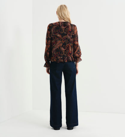 Janelle Black Paisley Chiffon Ruffle Tie-Front Blouse