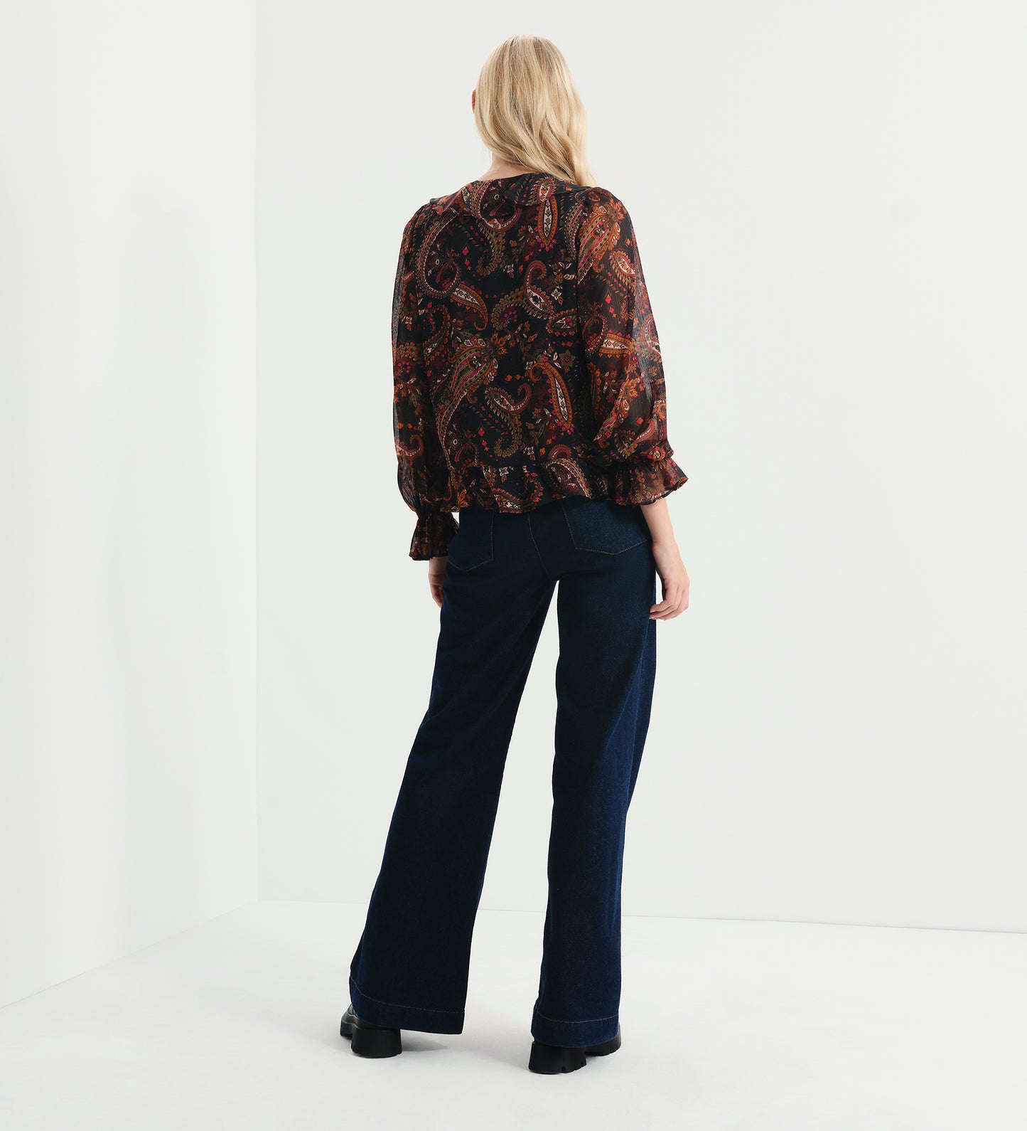 Janelle Black Paisley Chiffon Ruffle Tie-Front Blouse