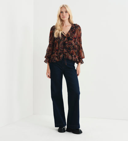 Janelle Black Paisley Chiffon Ruffle Tie-Front Blouse