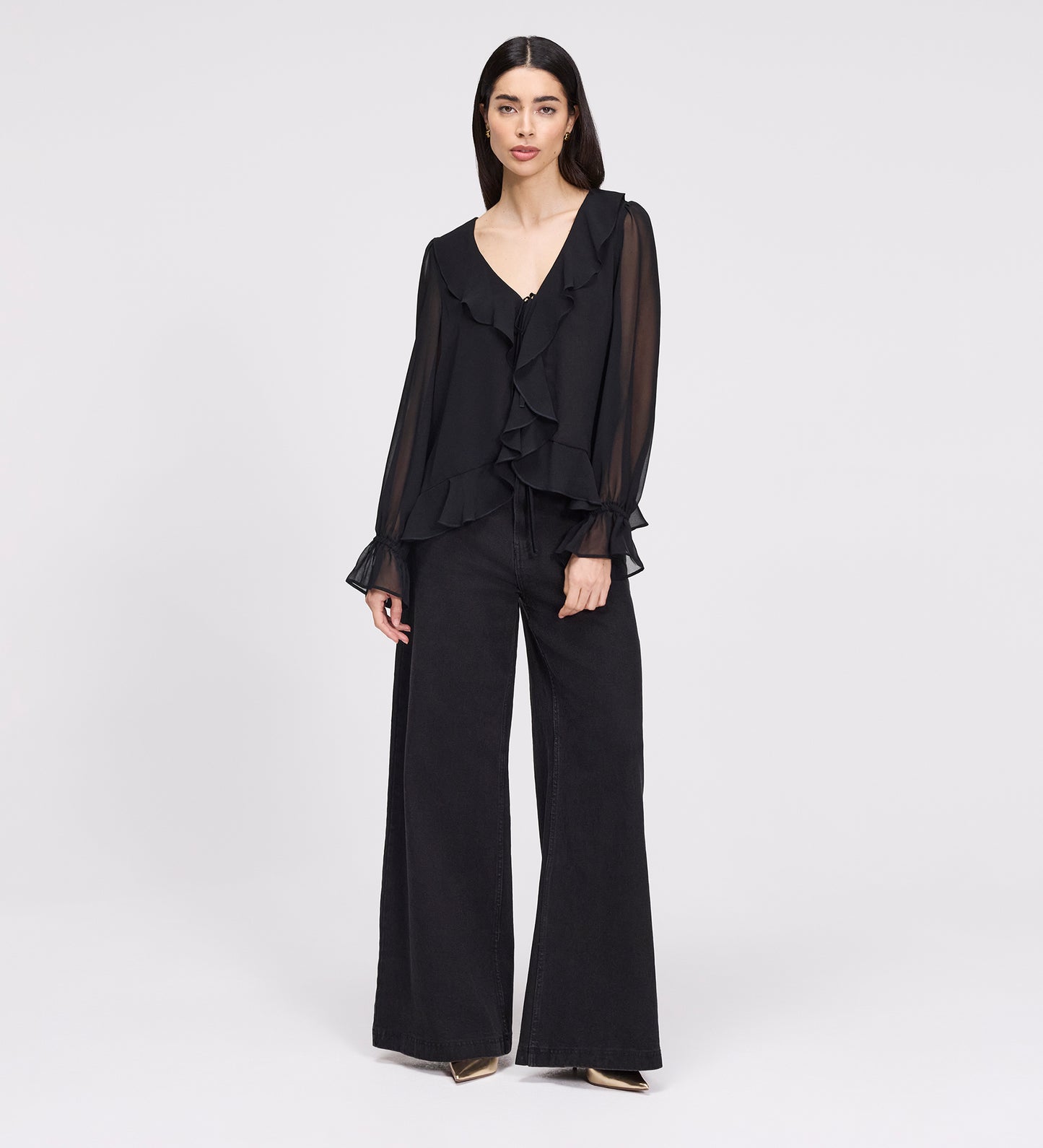 Jannelle Black Chiffon Ruffle Front Tie Blouse