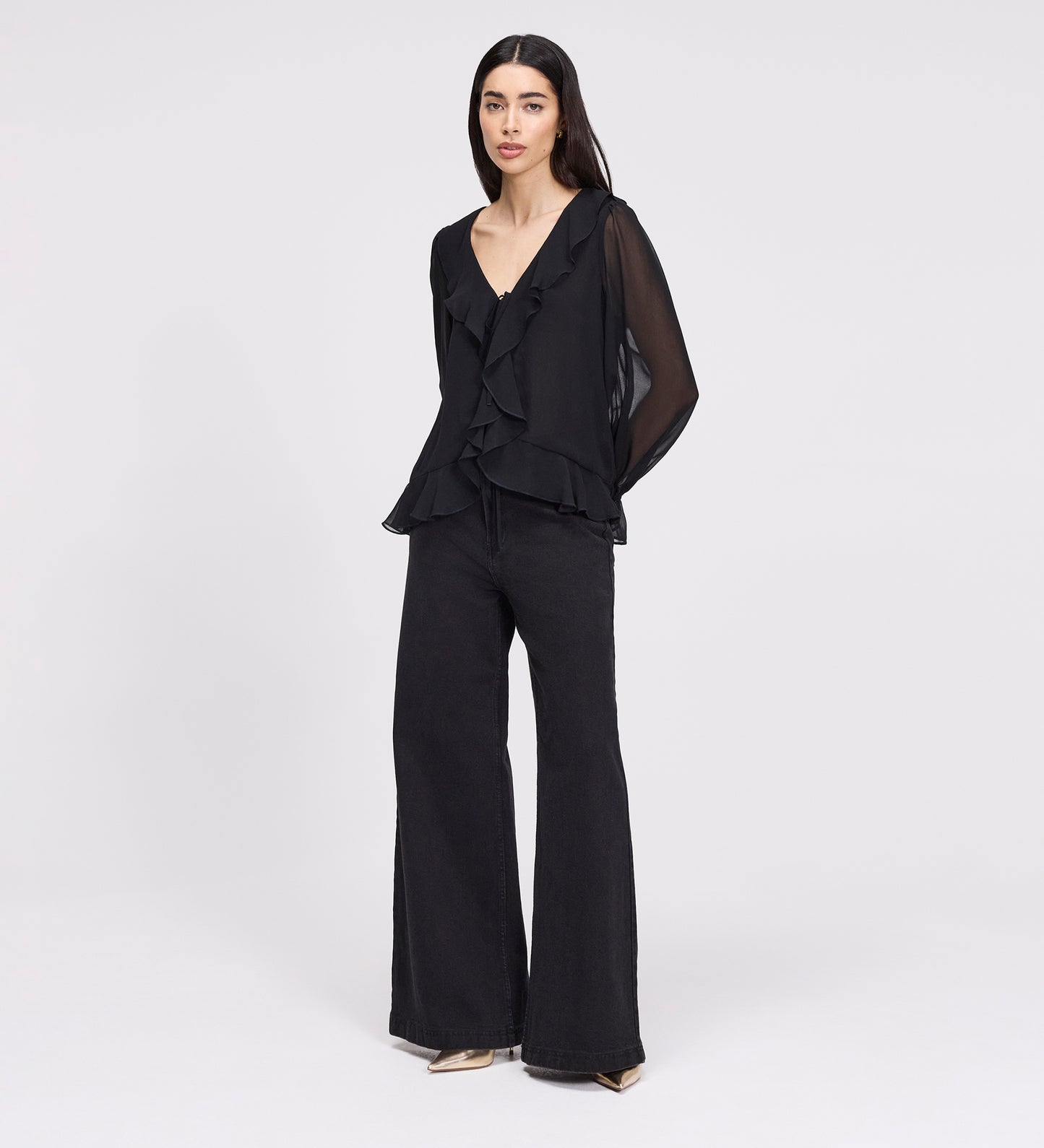 Jannelle Black Chiffon Ruffle Front Tie Blouse