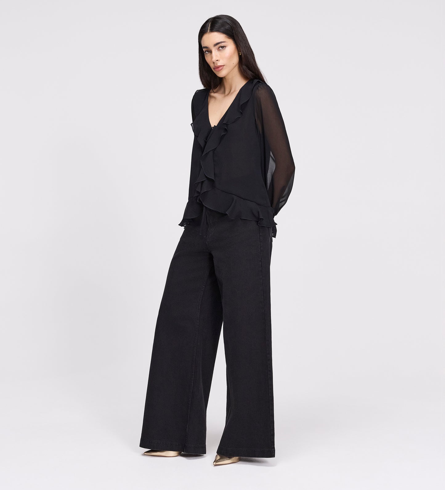 Jannelle Black Chiffon Ruffle Front Tie Blouse