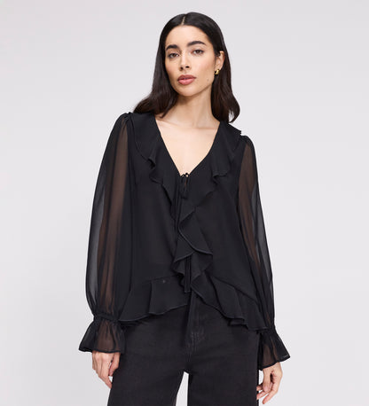 Jannelle Black Chiffon Ruffle Front Tie Blouse