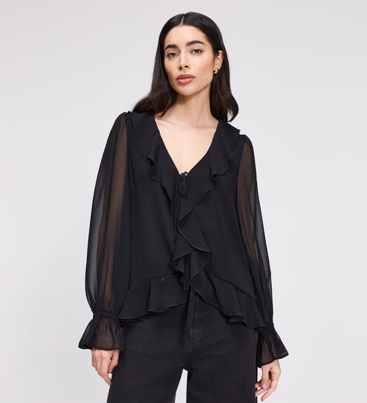 Jannelle Black Chiffon Ruffle Front Tie Blouse